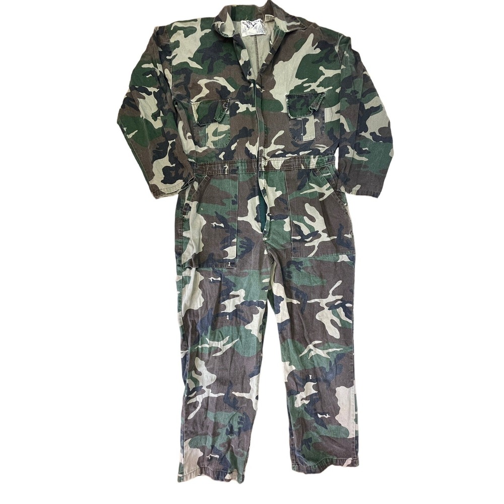 Vtg Duck Bay Overalls Hunting Camouflage Double Knee Denim Mens Large Camo